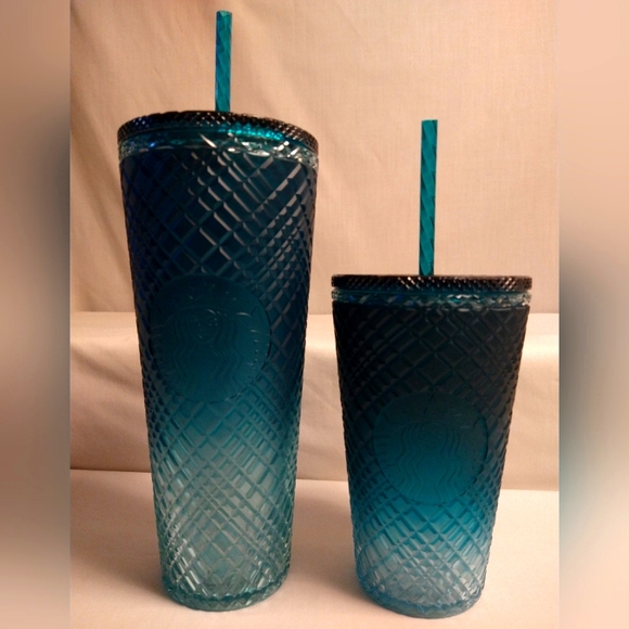 AUTHENTIC STARBUCKS VENTI & GRANDE JEWELED TEAL OMBRE 2 COLD CUP BUNDLE - NWT - Picture 2 of 6